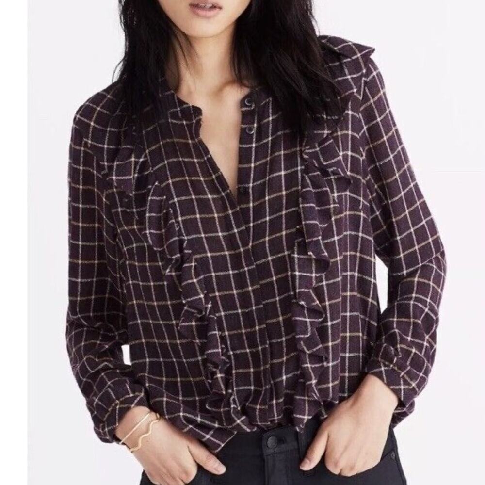 Madewell Plaid Purple Button Down Ruffle Trim Wool Blouse Size Medium